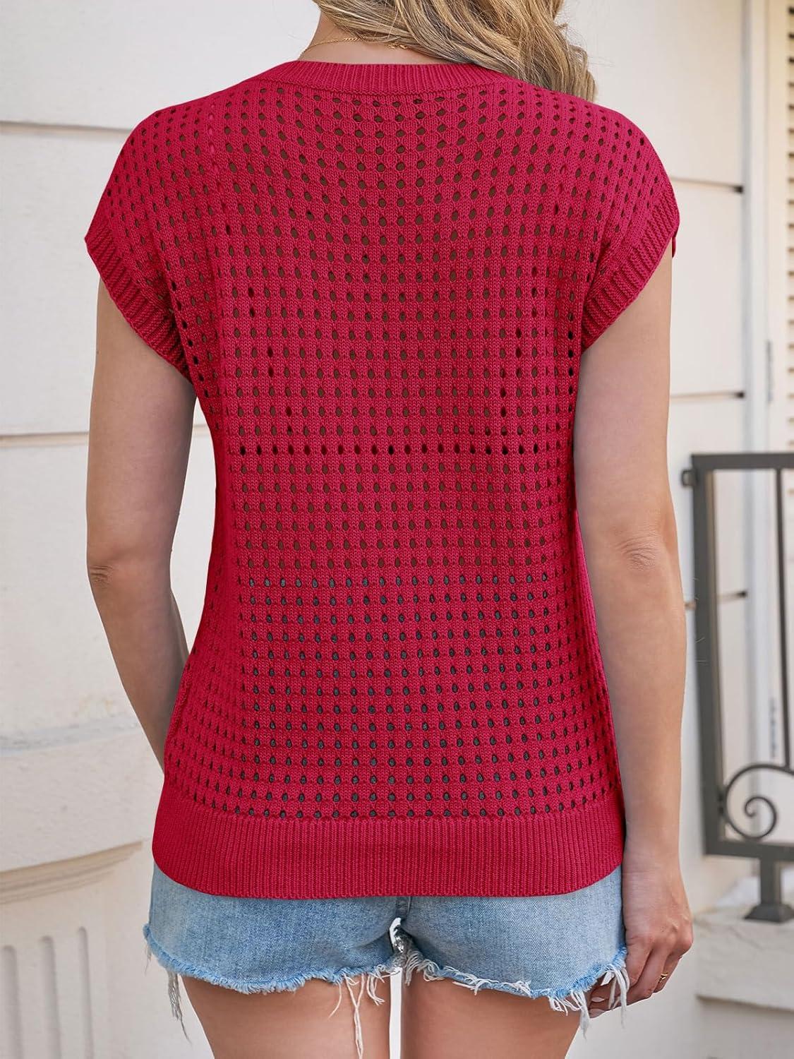 image:imageSaodimallsu Womens Crochet Sweaters Summer Cap Sleeve Knit Tops Lightweight Crewneck Beach Vacation ClothesRed