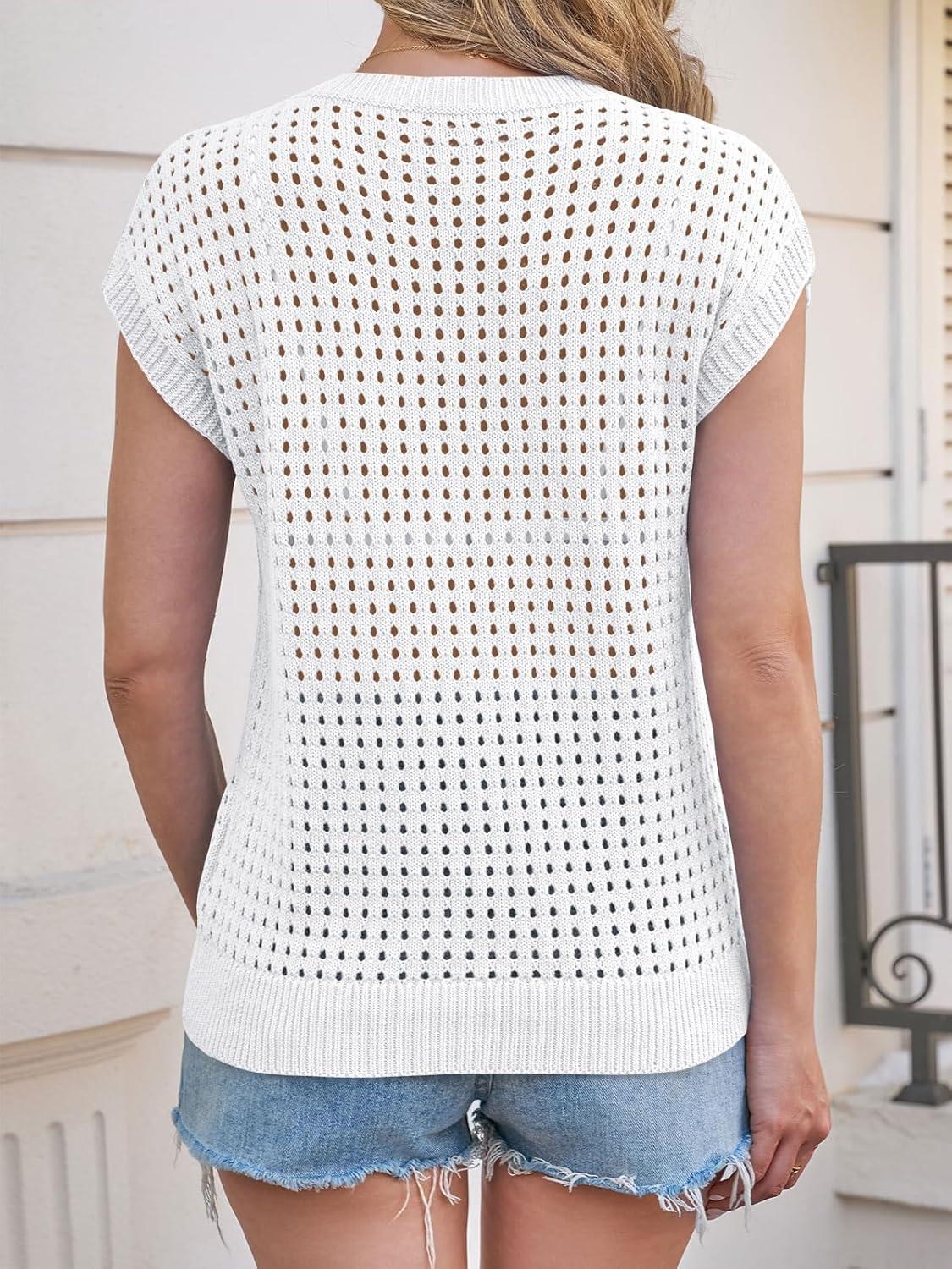 image:imageSaodimallsu Womens Crochet Sweaters Summer Cap Sleeve Knit Tops Lightweight Crewneck Beach Vacation ClothesWhite