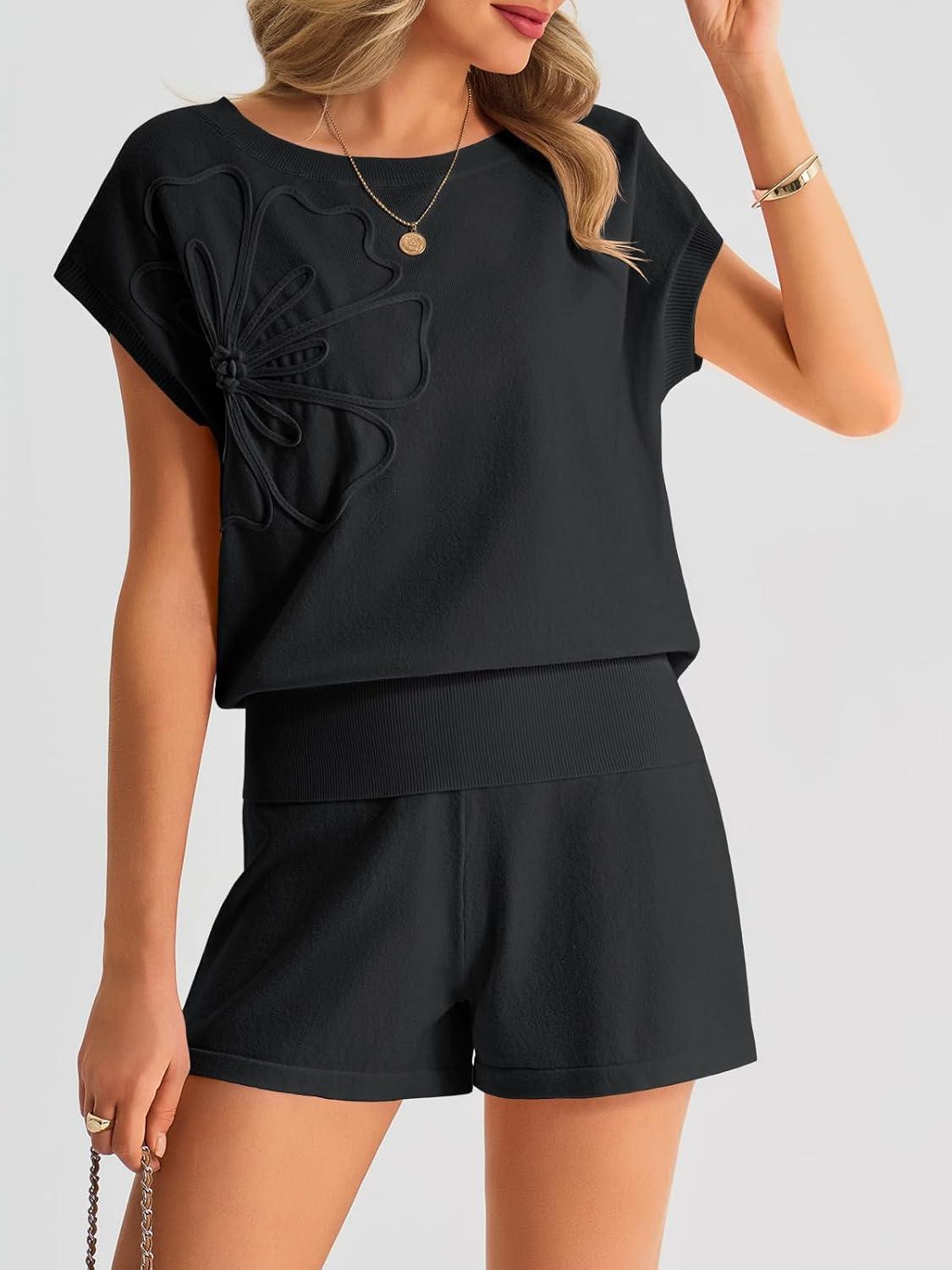 image:imageSaodimallsu Womens Off The Shoulder 2 Piece Sweater Sets Short Sleeve Floral Tops Summer Matching Lounge Shorts SetBlack