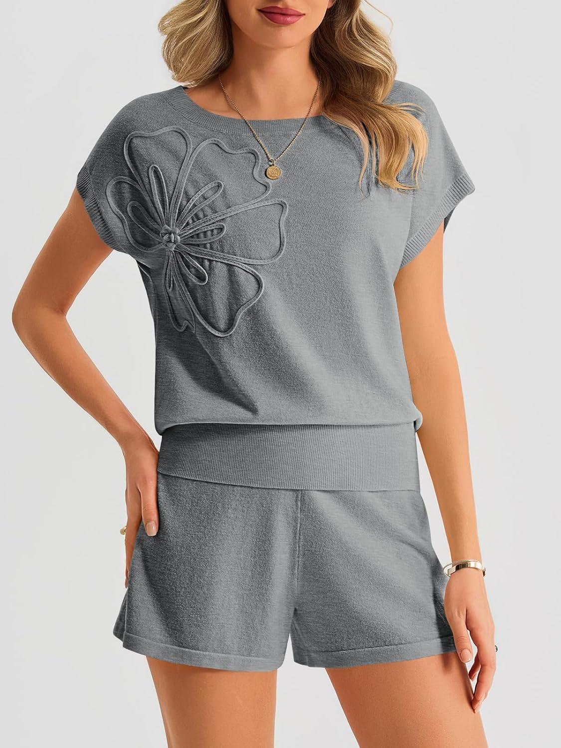image:imageSaodimallsu Womens Off The Shoulder 2 Piece Sweater Sets Short Sleeve Floral Tops Summer Matching Lounge Shorts SetGrey