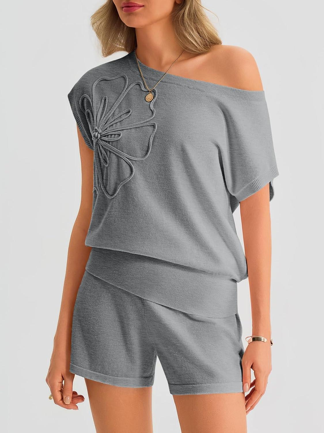 image:imageSaodimallsu Womens Off The Shoulder 2 Piece Sweater Sets Short Sleeve Floral Tops Summer Matching Lounge Shorts SetGrey