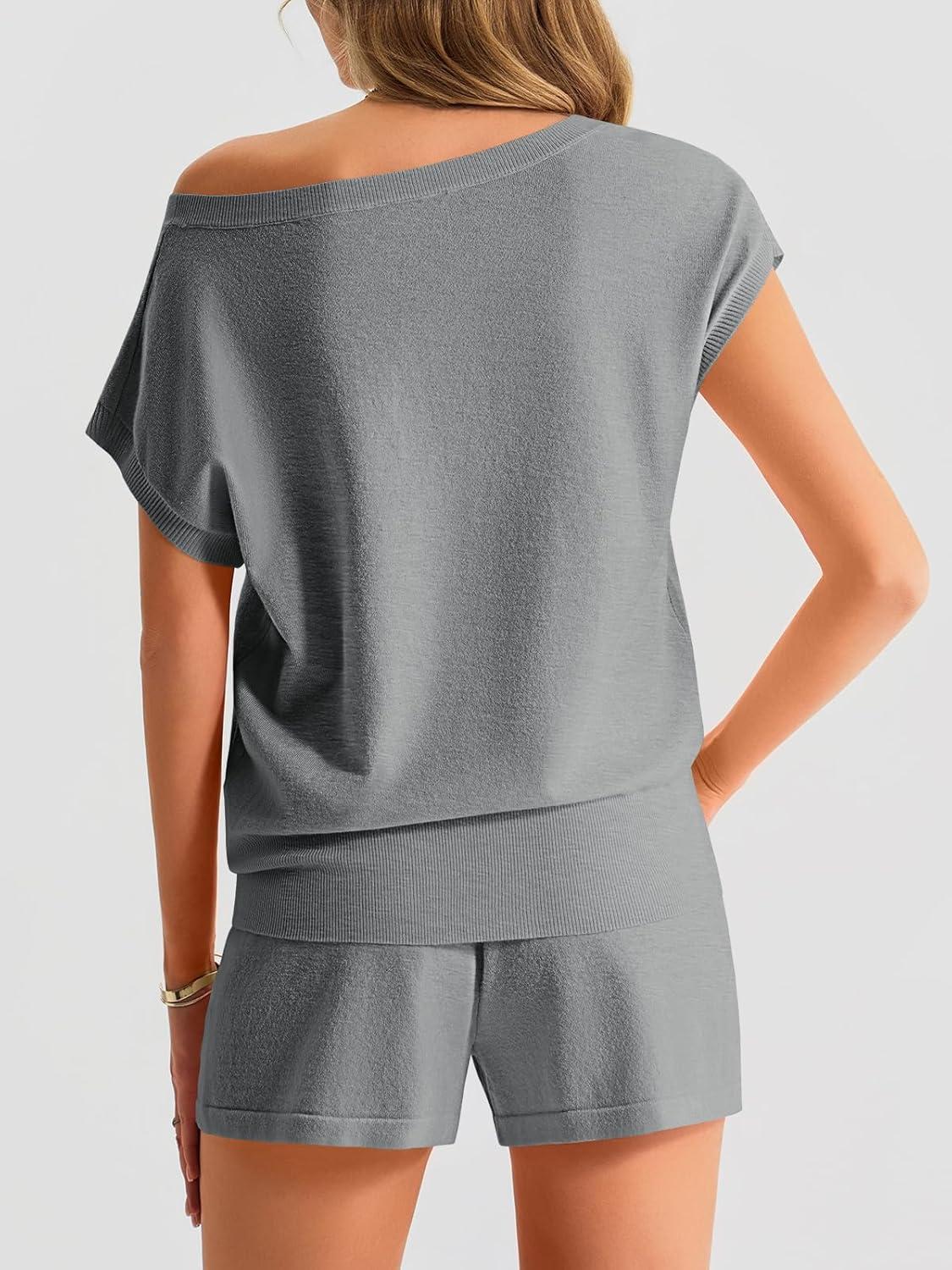 image:imageSaodimallsu Womens Off The Shoulder 2 Piece Sweater Sets Short Sleeve Floral Tops Summer Matching Lounge Shorts SetGrey