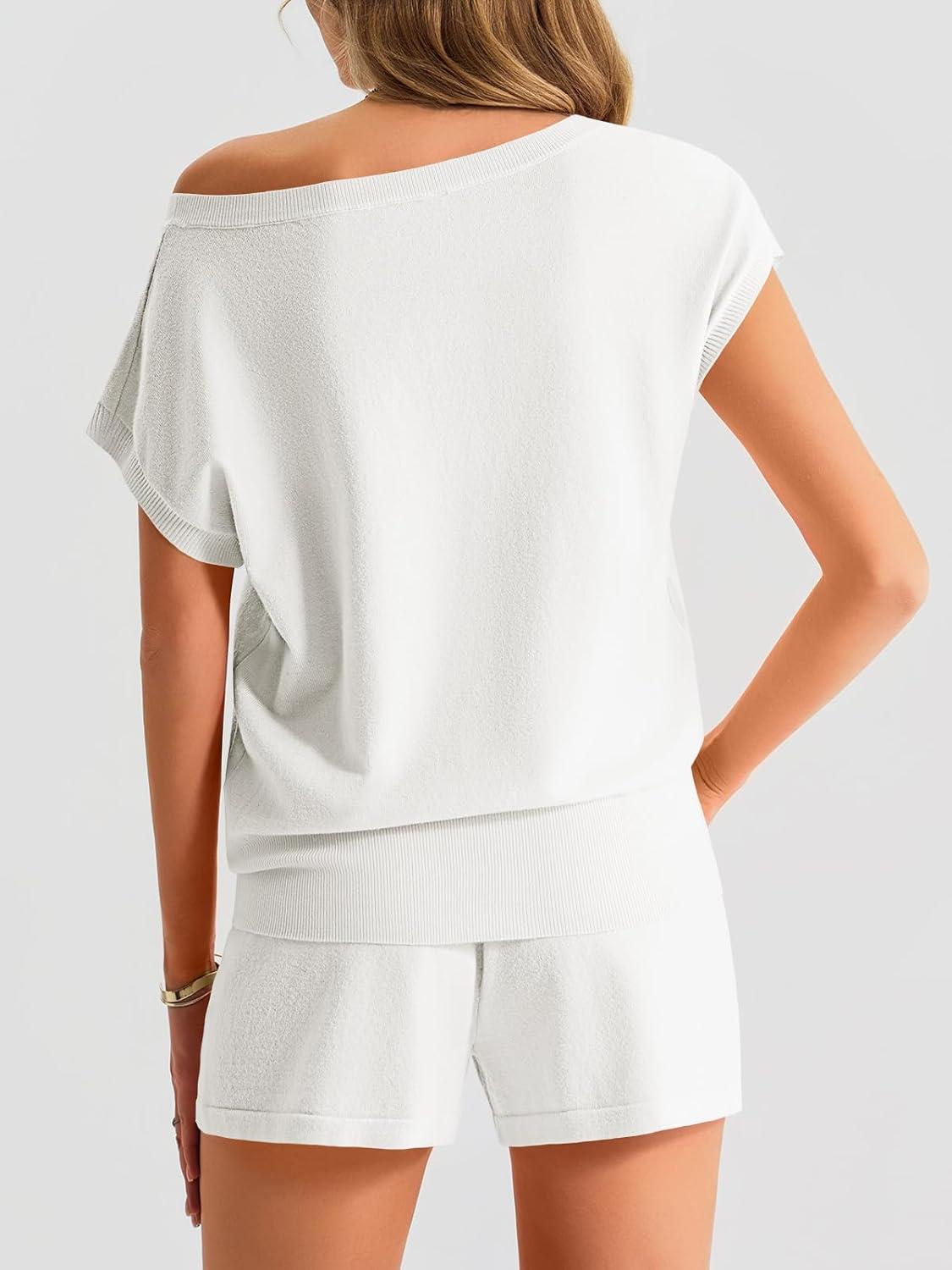 image:imageSaodimallsu Womens Off The Shoulder 2 Piece Sweater Sets Short Sleeve Floral Tops Summer Matching Lounge Shorts SetWhite
