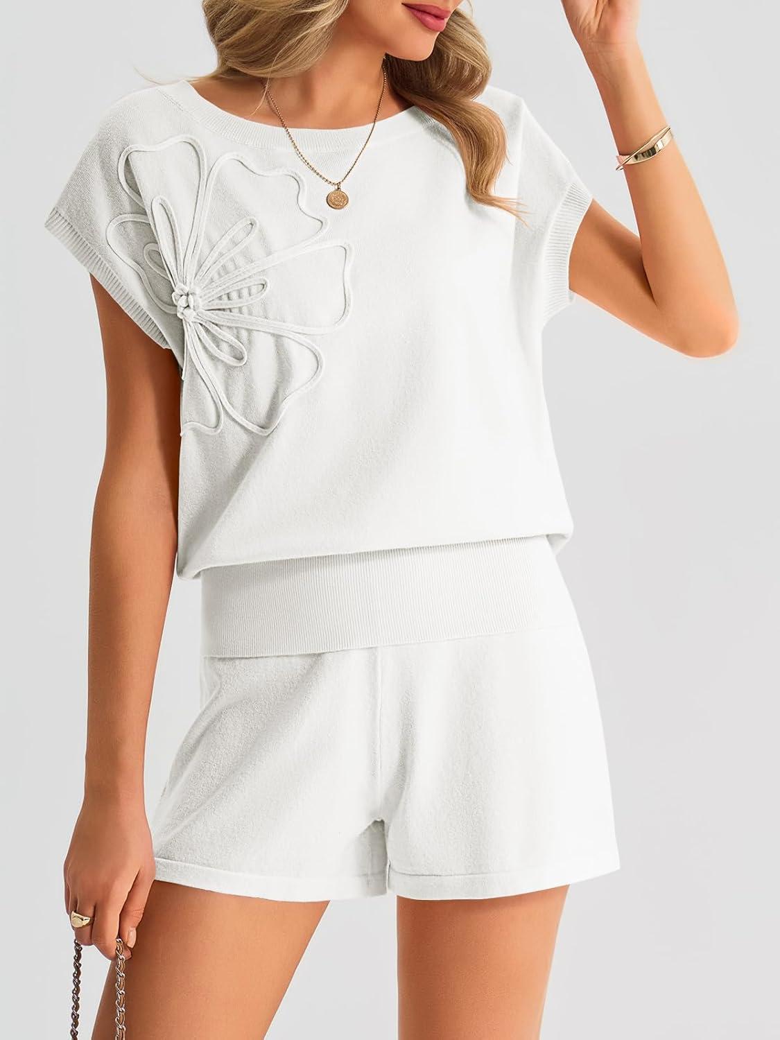 image:imageSaodimallsu Womens Off The Shoulder 2 Piece Sweater Sets Short Sleeve Floral Tops Summer Matching Lounge Shorts SetWhite