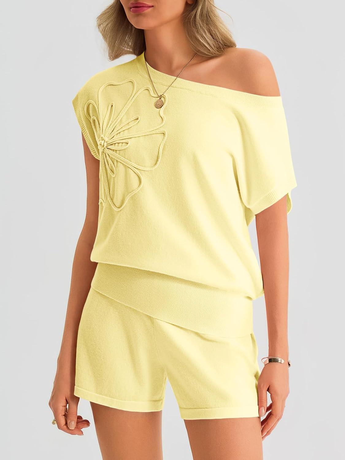 image:imageSaodimallsu Womens Off The Shoulder 2 Piece Sweater Sets Short Sleeve Floral Tops Summer Matching Lounge Shorts SetYellow