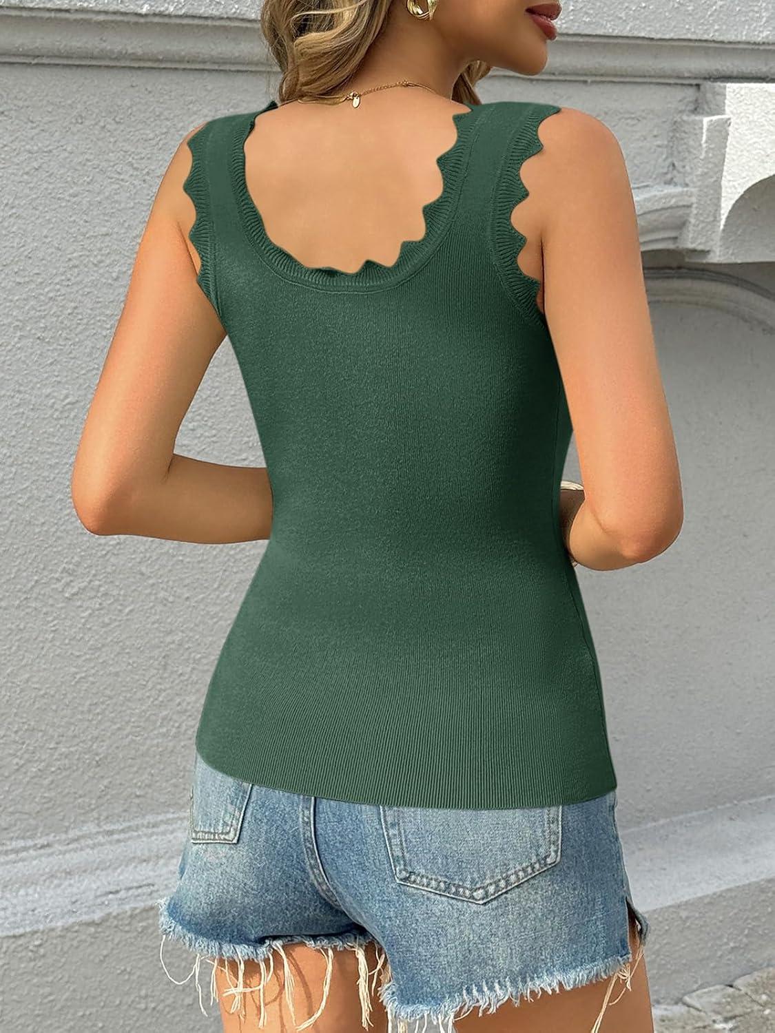 image:imageSaodimallsu Womens Ribbed Knit Tank Top Summer Sleeveless Square Neck Casual Basic Slimming Sweater Vest TopsArmy Green