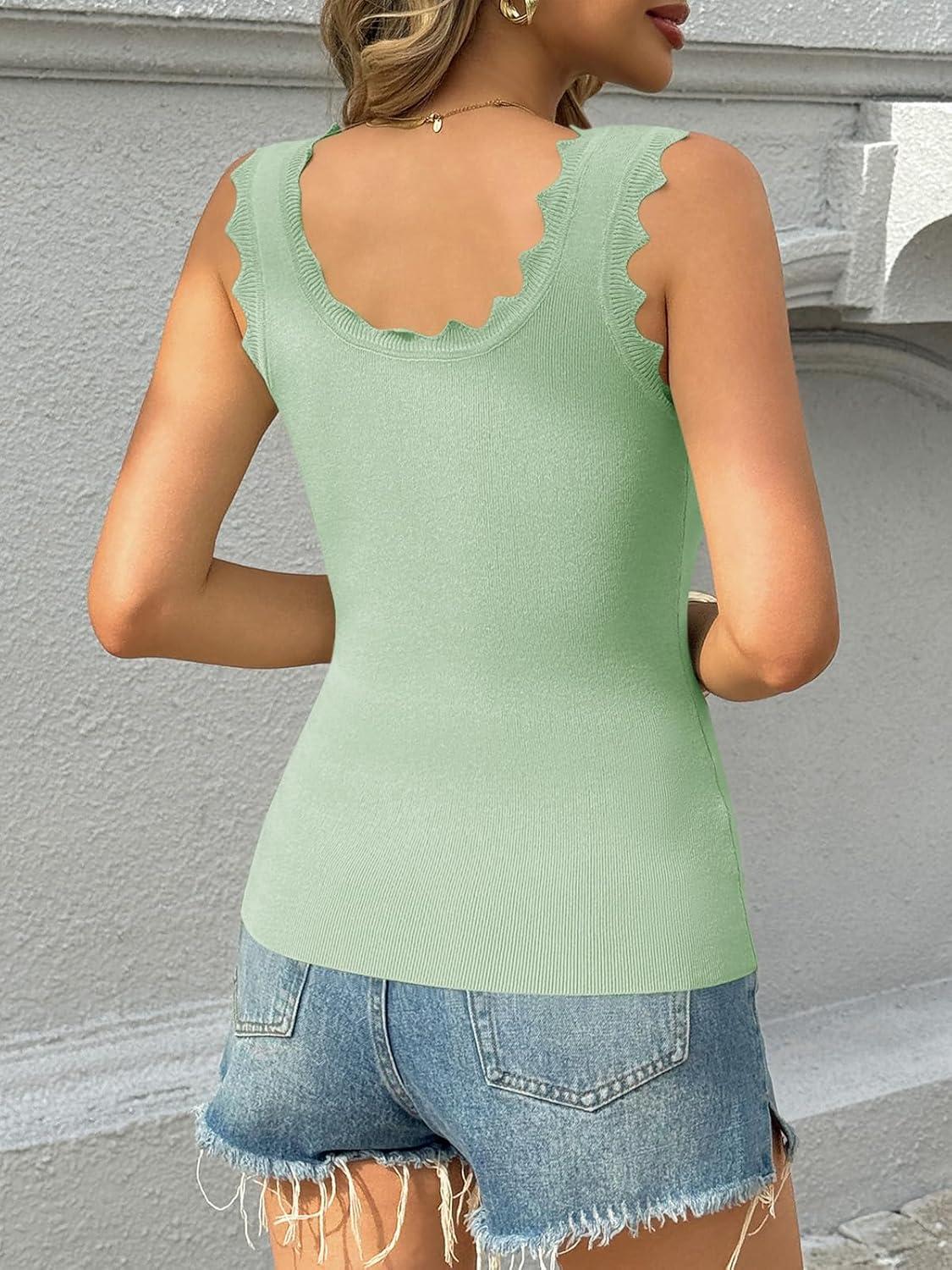 image:imageSaodimallsu Womens Ribbed Knit Tank Top Summer Sleeveless Square Neck Casual Basic Slimming Sweater Vest TopsGreen
