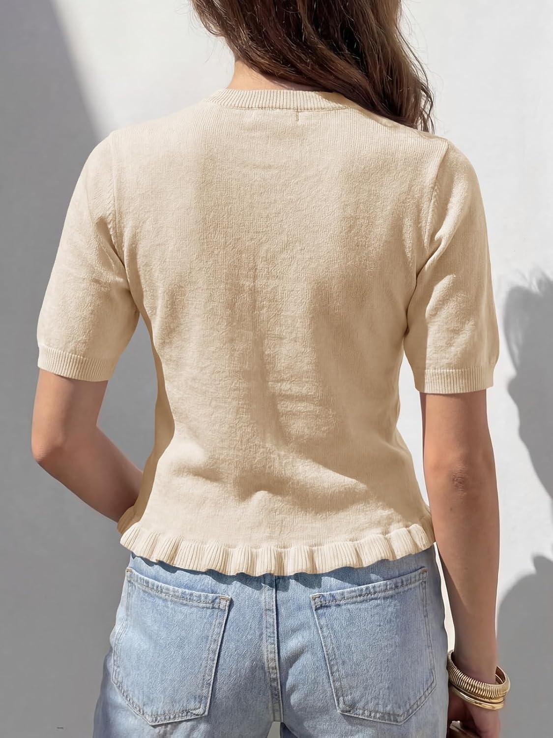 image:imageSaodimallsu Womens Ruffle Cardigan Puff Short Sleeve Cute Summer Button Down Lightweight Soft Knit Crewneck Sweater TopsApricot