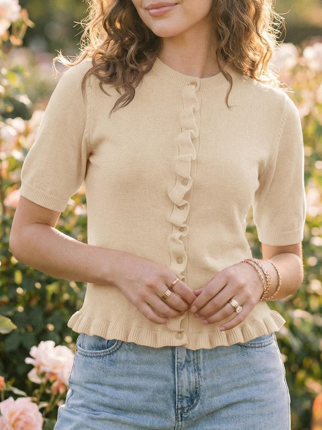 image:imageSaodimallsu Womens Ruffle Cardigan Puff Short Sleeve Cute Summer Button Down Lightweight Soft Knit Crewneck Sweater TopsApricot