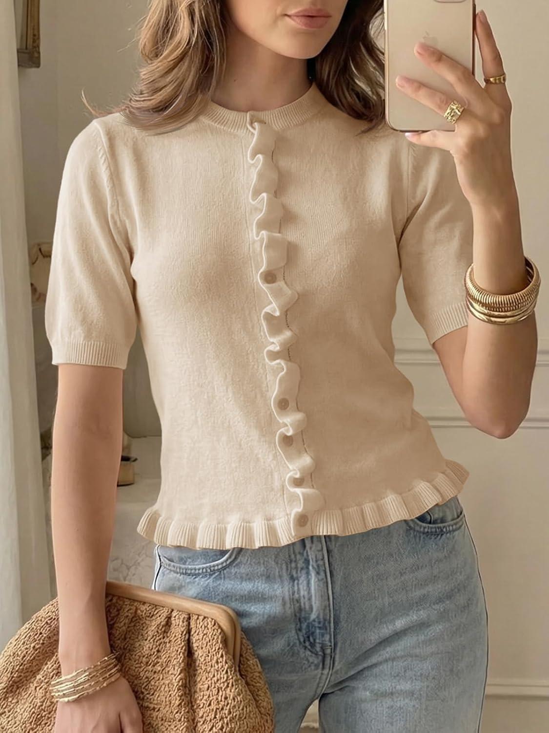image:imageSaodimallsu Womens Ruffle Cardigan Puff Short Sleeve Cute Summer Button Down Lightweight Soft Knit Crewneck Sweater TopsApricot
