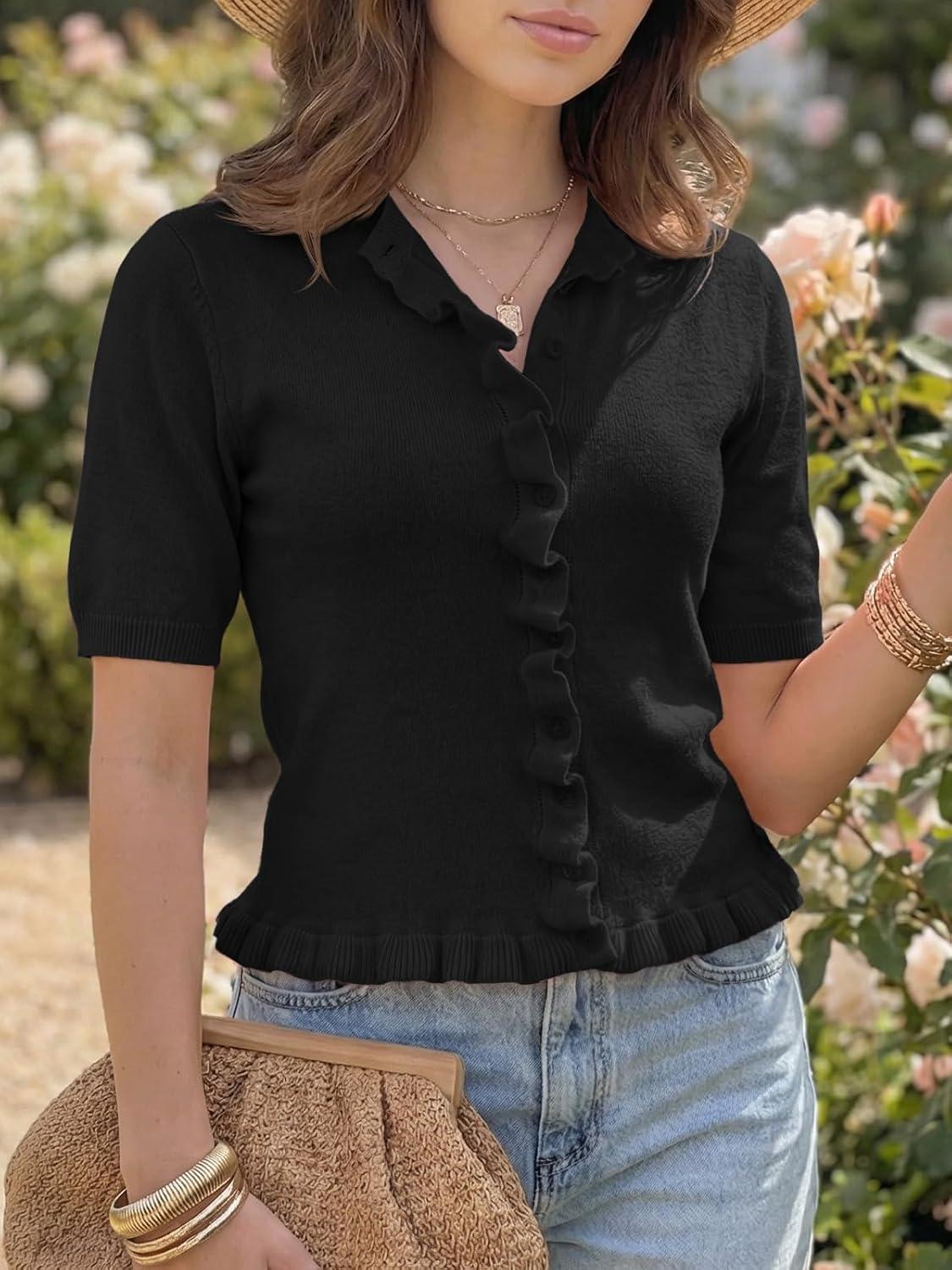 image:imageSaodimallsu Womens Ruffle Cardigan Puff Short Sleeve Cute Summer Button Down Lightweight Soft Knit Crewneck Sweater TopsBlack