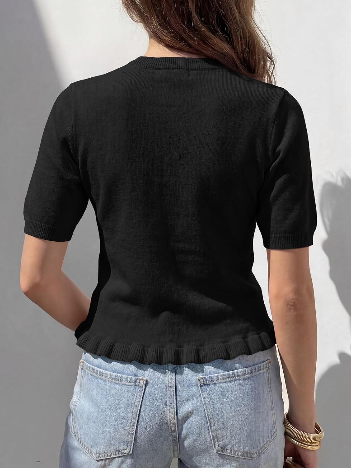 image:imageSaodimallsu Womens Ruffle Cardigan Puff Short Sleeve Cute Summer Button Down Lightweight Soft Knit Crewneck Sweater TopsBlack