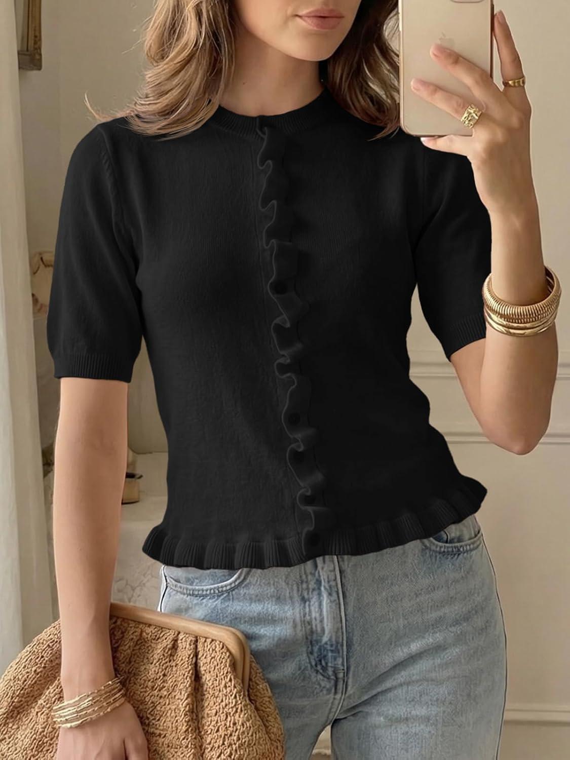 image:imageSaodimallsu Womens Ruffle Cardigan Puff Short Sleeve Cute Summer Button Down Lightweight Soft Knit Crewneck Sweater TopsBlack