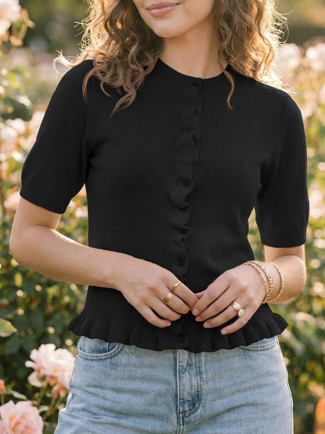 image:imageSaodimallsu Womens Ruffle Cardigan Puff Short Sleeve Cute Summer Button Down Lightweight Soft Knit Crewneck Sweater TopsBlack