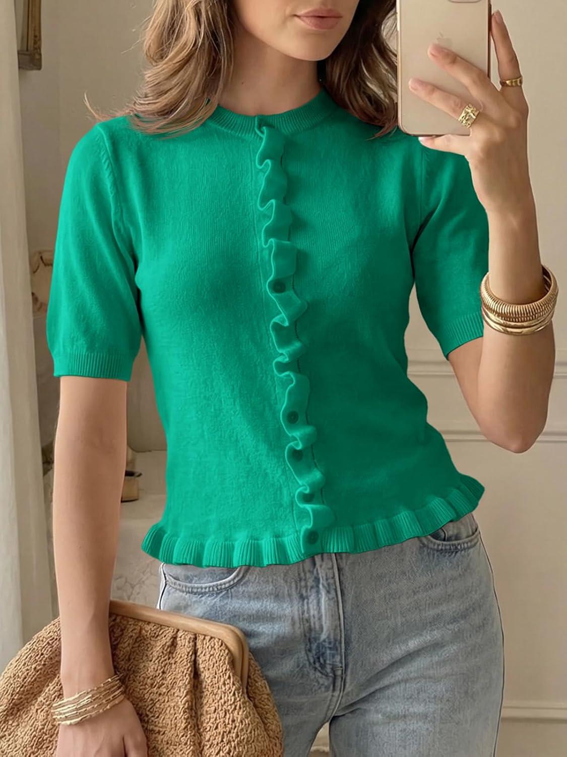 image:imageSaodimallsu Womens Ruffle Cardigan Puff Short Sleeve Cute Summer Button Down Lightweight Soft Knit Crewneck Sweater TopsGreen