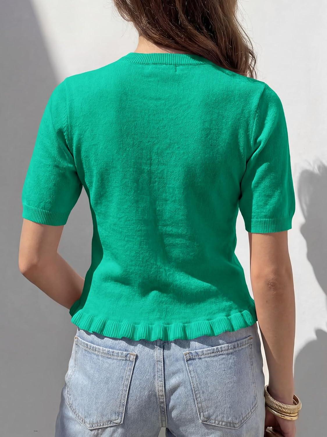 image:imageSaodimallsu Womens Ruffle Cardigan Puff Short Sleeve Cute Summer Button Down Lightweight Soft Knit Crewneck Sweater TopsGreen