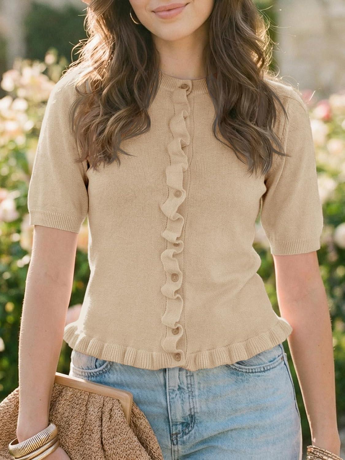 image:imageSaodimallsu Womens Ruffle Cardigan Puff Short Sleeve Cute Summer Button Down Lightweight Soft Knit Crewneck Sweater TopsKhaki