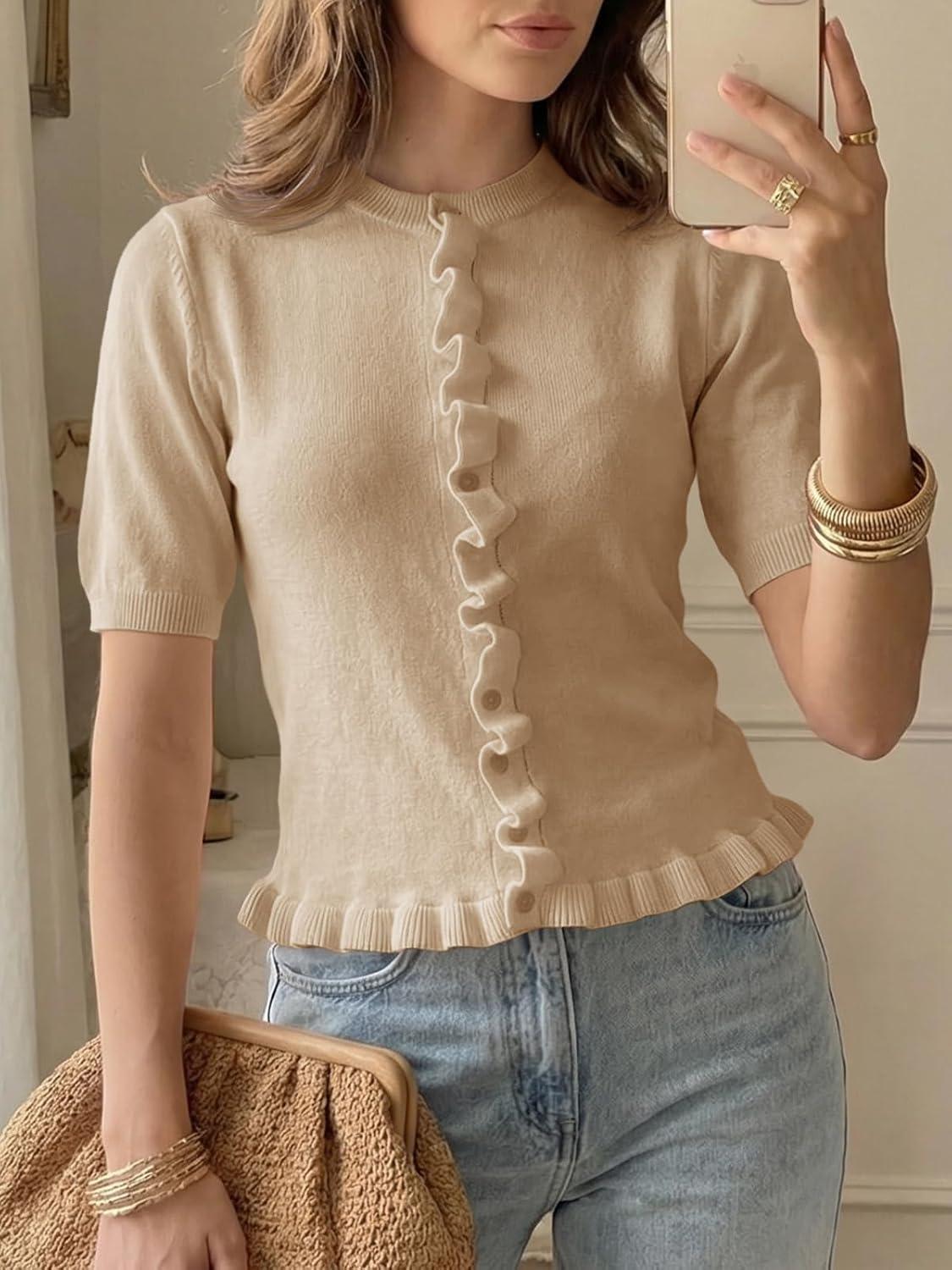 image:imageSaodimallsu Womens Ruffle Cardigan Puff Short Sleeve Cute Summer Button Down Lightweight Soft Knit Crewneck Sweater TopsKhaki
