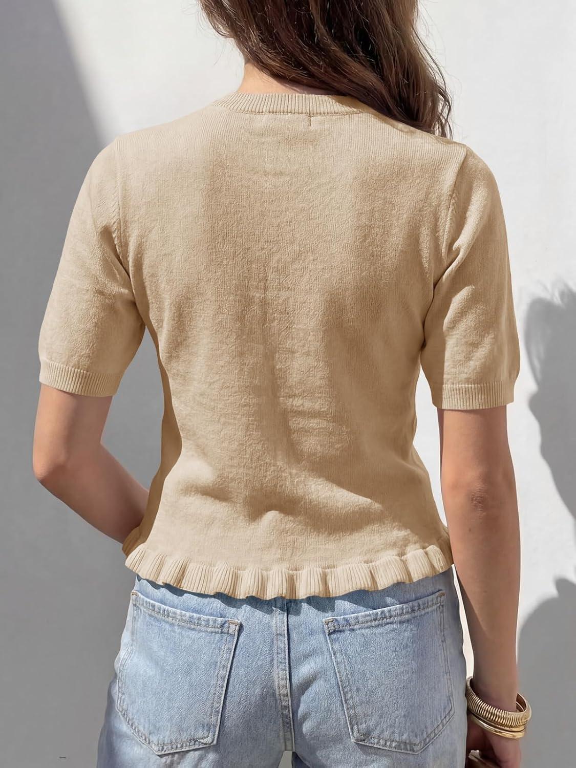 image:imageSaodimallsu Womens Ruffle Cardigan Puff Short Sleeve Cute Summer Button Down Lightweight Soft Knit Crewneck Sweater TopsKhaki