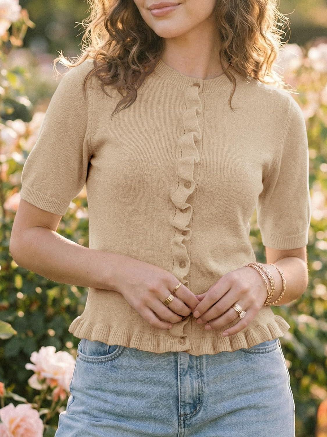 image:imageSaodimallsu Womens Ruffle Cardigan Puff Short Sleeve Cute Summer Button Down Lightweight Soft Knit Crewneck Sweater TopsKhaki