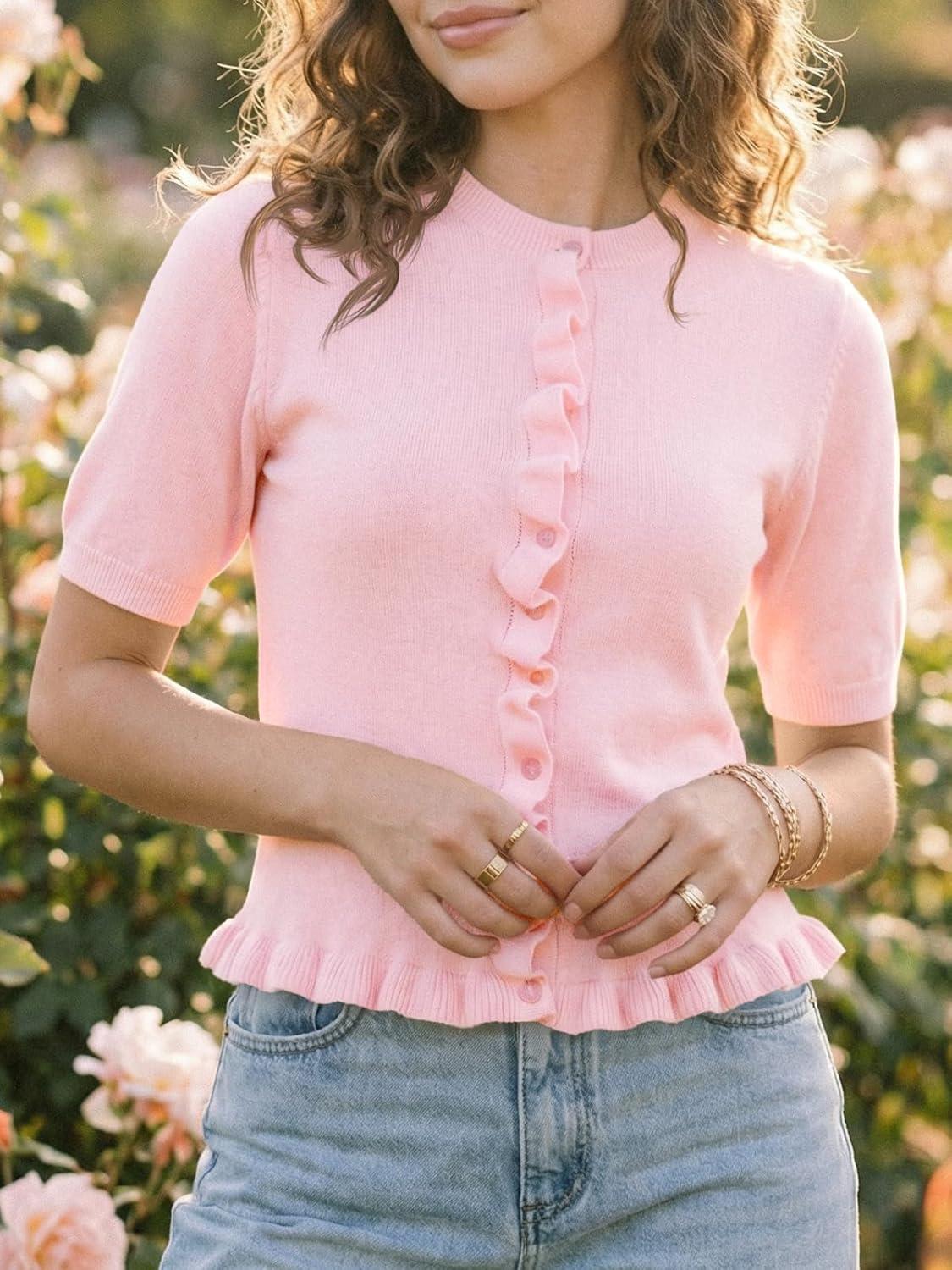 image:imageSaodimallsu Womens Ruffle Cardigan Puff Short Sleeve Cute Summer Button Down Lightweight Soft Knit Crewneck Sweater TopsPink
