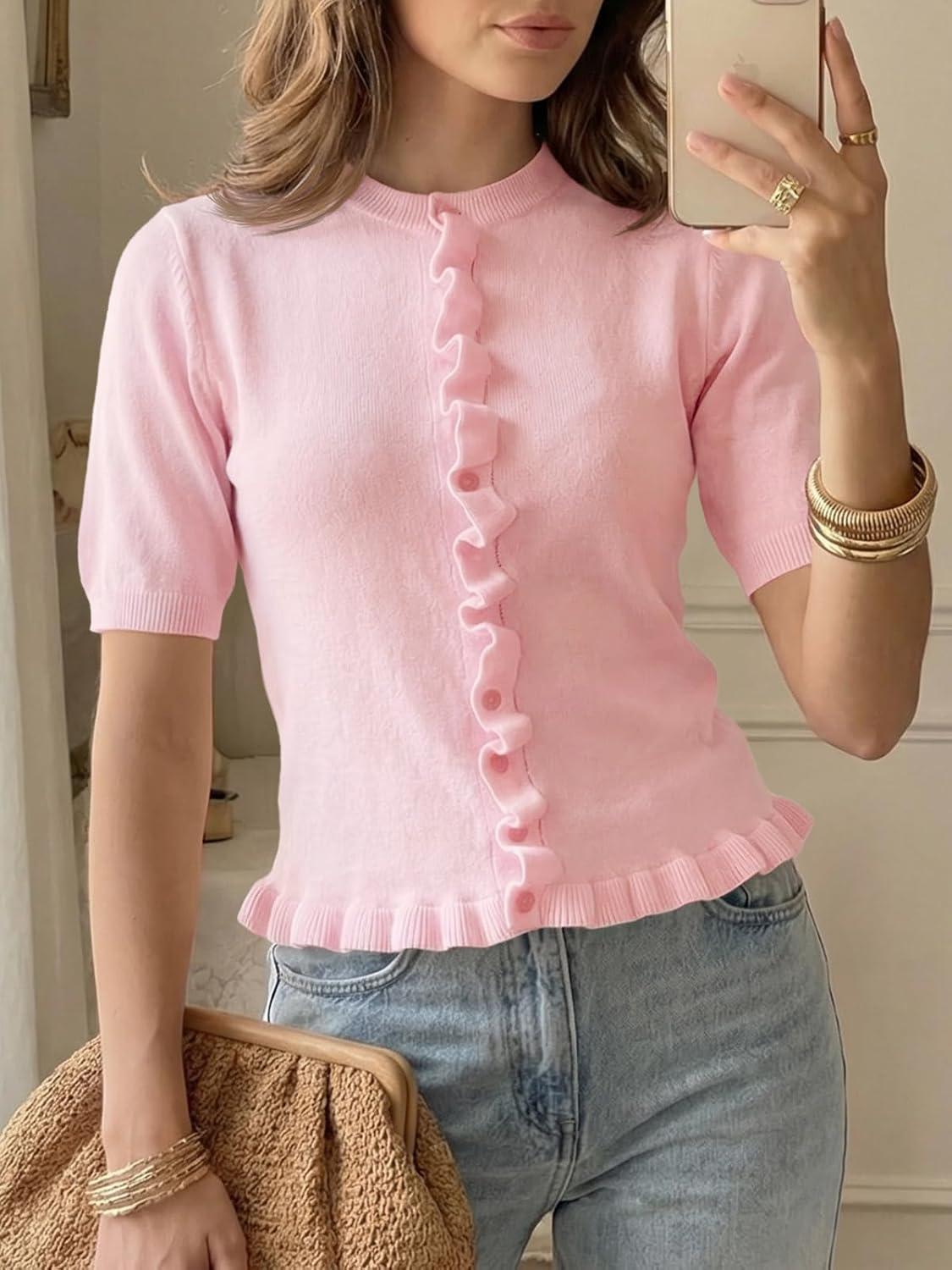image:imageSaodimallsu Womens Ruffle Cardigan Puff Short Sleeve Cute Summer Button Down Lightweight Soft Knit Crewneck Sweater TopsPink