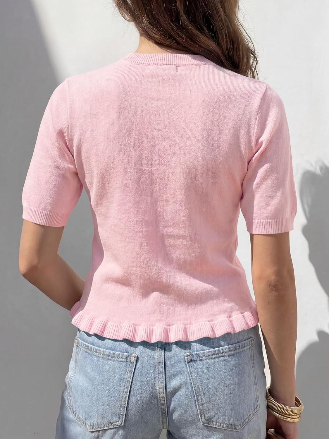 image:imageSaodimallsu Womens Ruffle Cardigan Puff Short Sleeve Cute Summer Button Down Lightweight Soft Knit Crewneck Sweater TopsPink