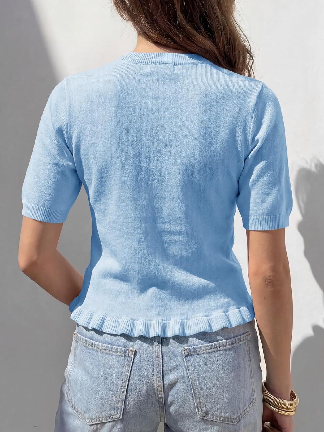 image:imageSaodimallsu Womens Ruffle Cardigan Puff Short Sleeve Cute Summer Button Down Lightweight Soft Knit Crewneck Sweater TopsSky Blue