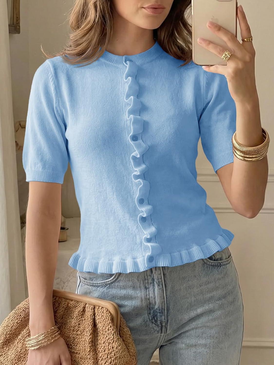 image:imageSaodimallsu Womens Ruffle Cardigan Puff Short Sleeve Cute Summer Button Down Lightweight Soft Knit Crewneck Sweater TopsSky Blue