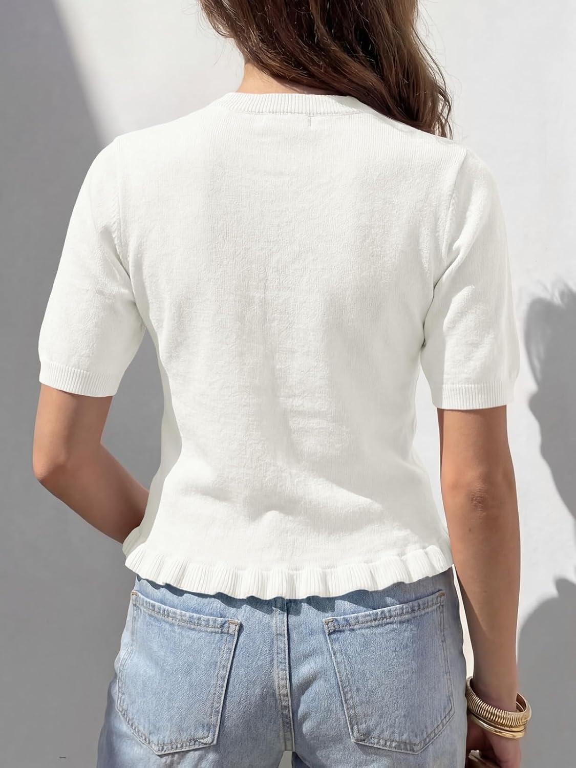 image:imageSaodimallsu Womens Ruffle Cardigan Puff Short Sleeve Cute Summer Button Down Lightweight Soft Knit Crewneck Sweater TopsWhite
