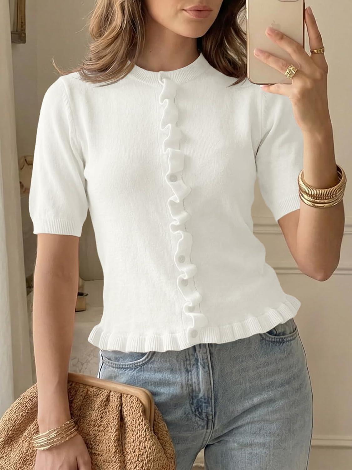 image:imageSaodimallsu Womens Ruffle Cardigan Puff Short Sleeve Cute Summer Button Down Lightweight Soft Knit Crewneck Sweater TopsWhite