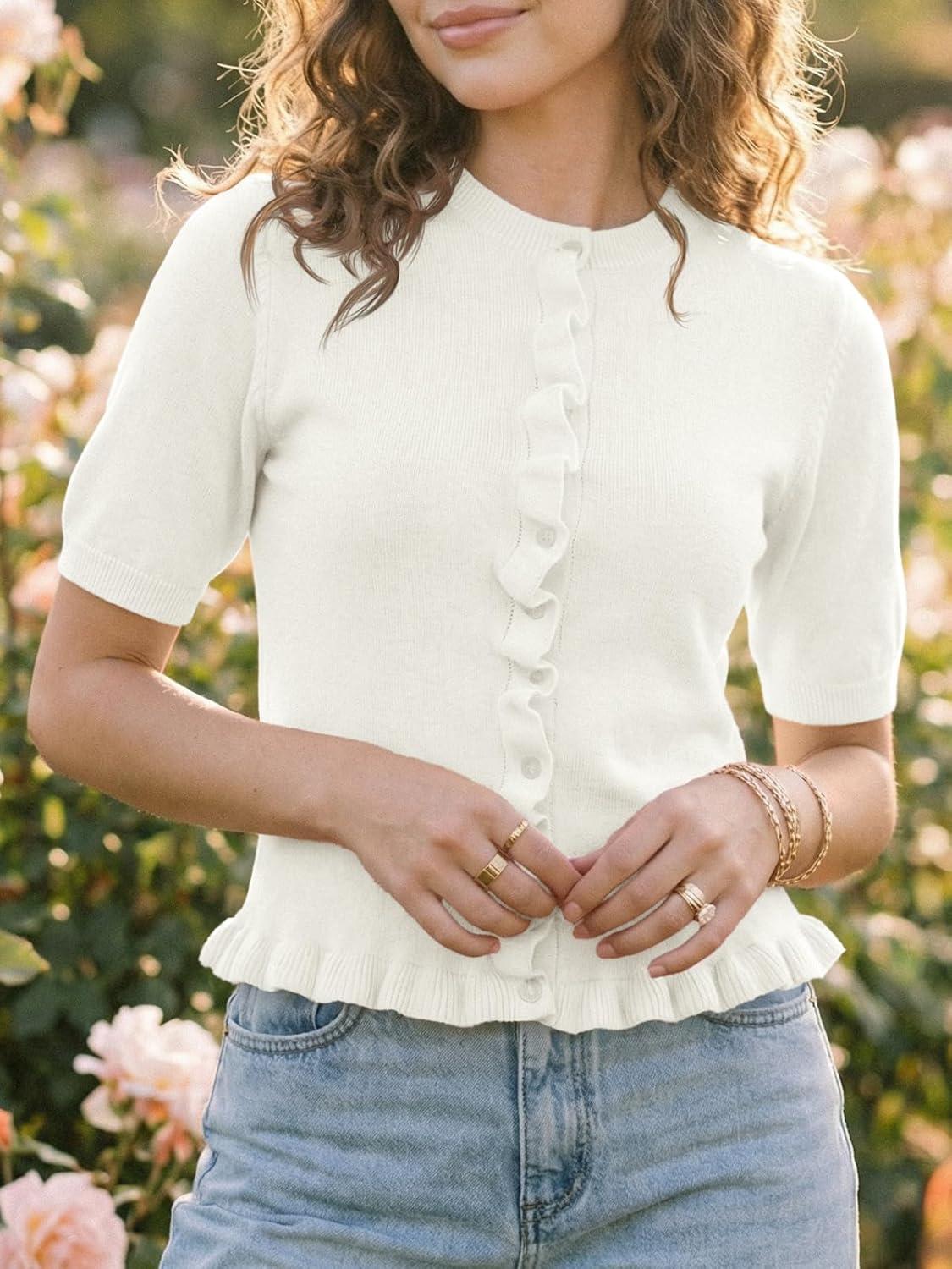 image:imageSaodimallsu Womens Ruffle Cardigan Puff Short Sleeve Cute Summer Button Down Lightweight Soft Knit Crewneck Sweater TopsWhite