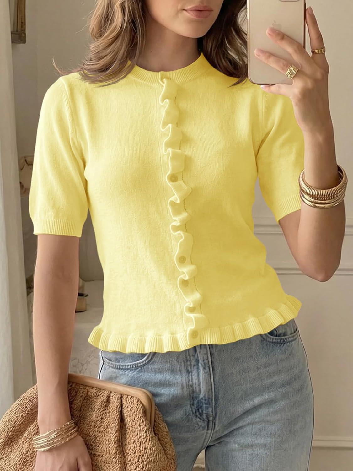 image:imageSaodimallsu Womens Ruffle Cardigan Puff Short Sleeve Cute Summer Button Down Lightweight Soft Knit Crewneck Sweater TopsYellow