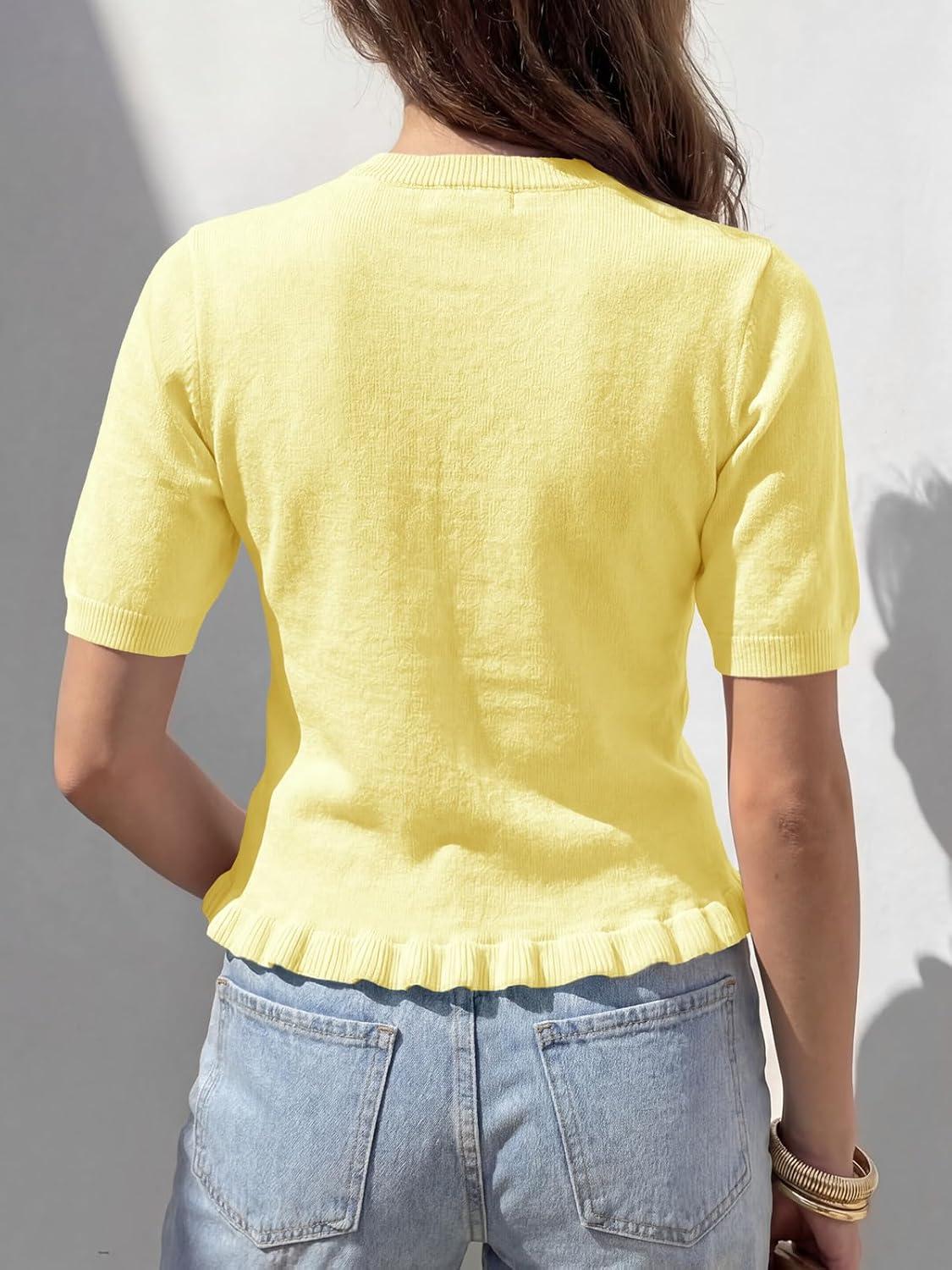 image:imageSaodimallsu Womens Ruffle Cardigan Puff Short Sleeve Cute Summer Button Down Lightweight Soft Knit Crewneck Sweater TopsYellow