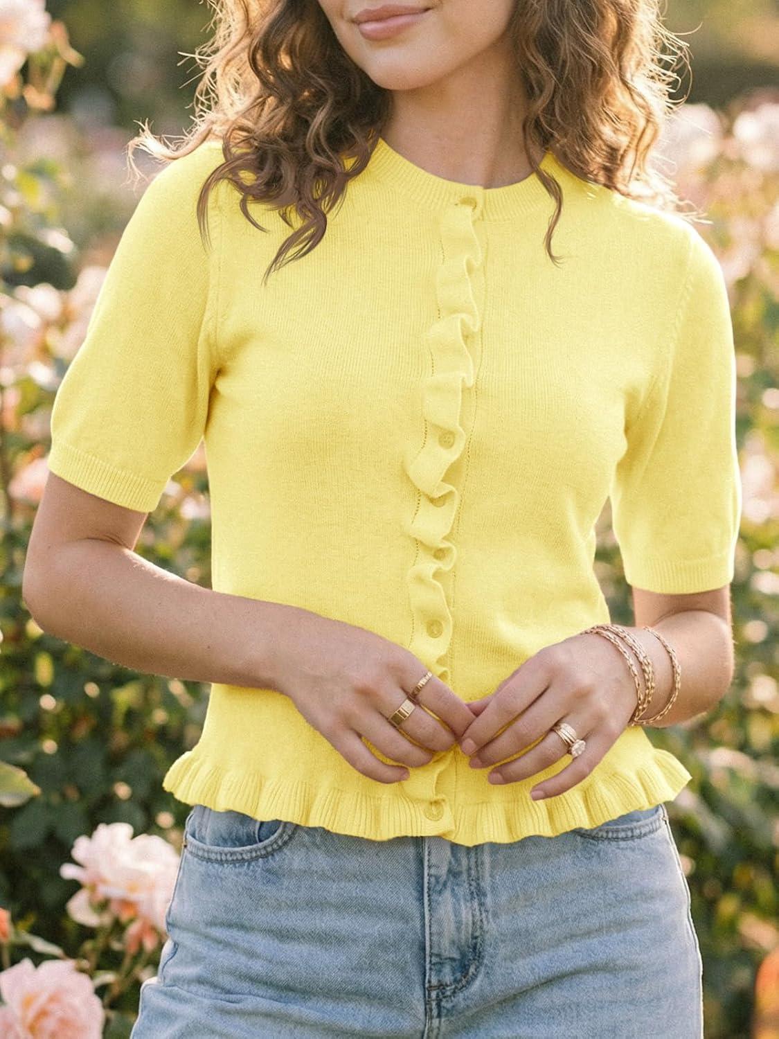 image:imageSaodimallsu Womens Ruffle Cardigan Puff Short Sleeve Cute Summer Button Down Lightweight Soft Knit Crewneck Sweater TopsYellow