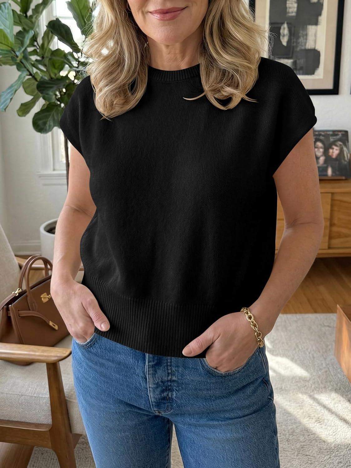 image:imageSaodimallsu Womens Short Sleeve Sweaters Casual Summer Crew Neck Loose Basic Cap Sleeve Knit Pullover TopsBlack