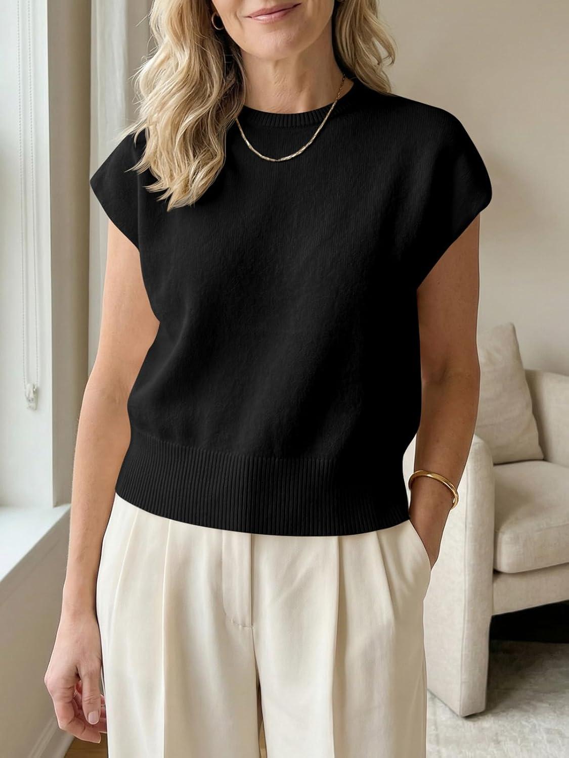 image:imageSaodimallsu Womens Short Sleeve Sweaters Casual Summer Crew Neck Loose Basic Cap Sleeve Knit Pullover TopsBlack
