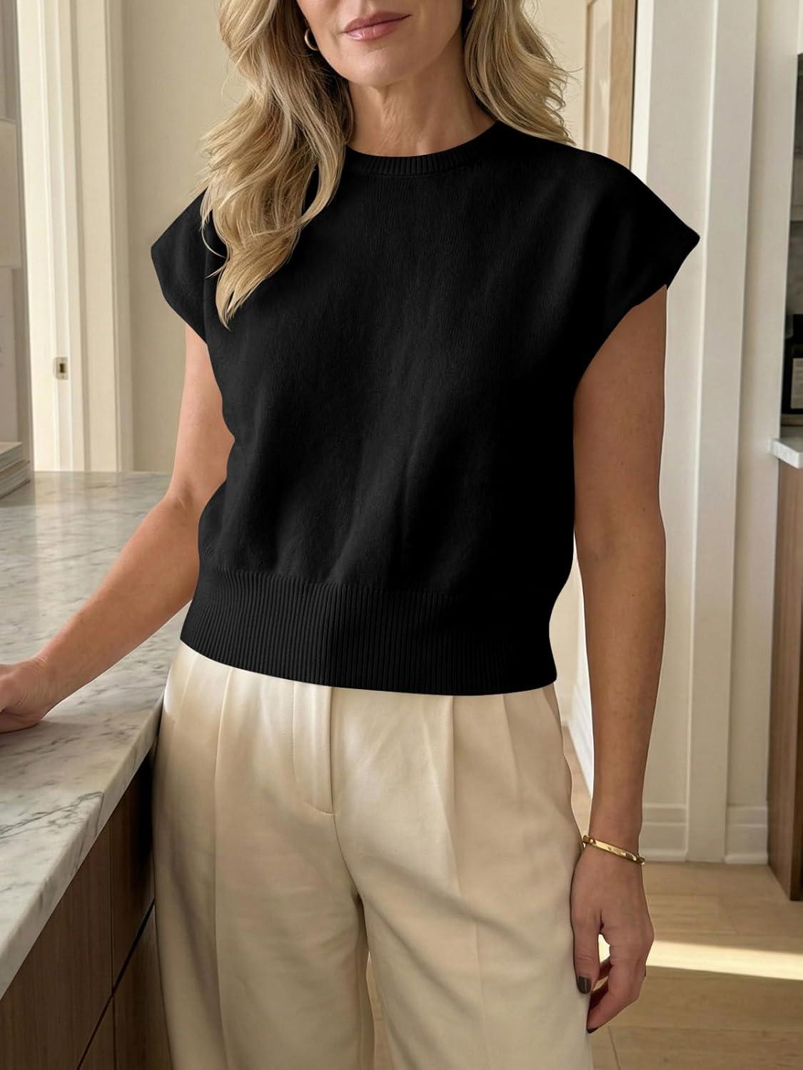 image:imageSaodimallsu Womens Short Sleeve Sweaters Casual Summer Crew Neck Loose Basic Cap Sleeve Knit Pullover TopsBlack