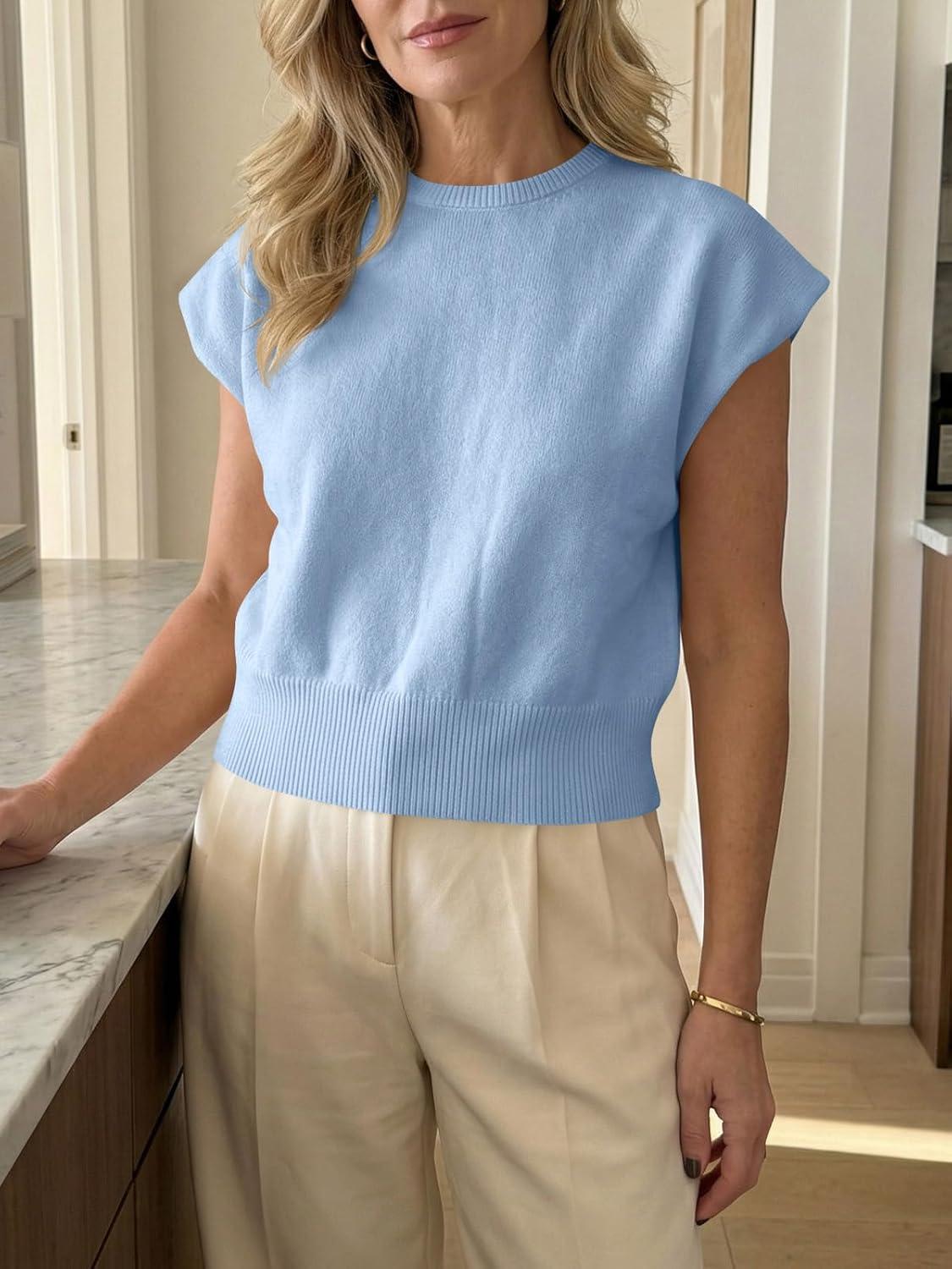 image:imageSaodimallsu Womens Short Sleeve Sweaters Casual Summer Crew Neck Loose Basic Cap Sleeve Knit Pullover TopsBlue