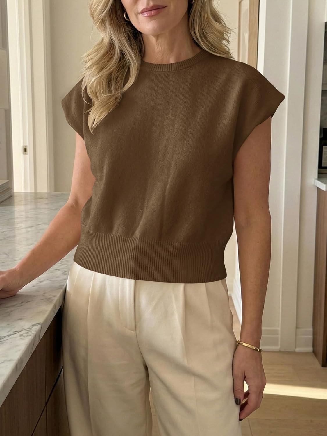 image:imageSaodimallsu Womens Short Sleeve Sweaters Casual Summer Crew Neck Loose Basic Cap Sleeve Knit Pullover TopsCoffee