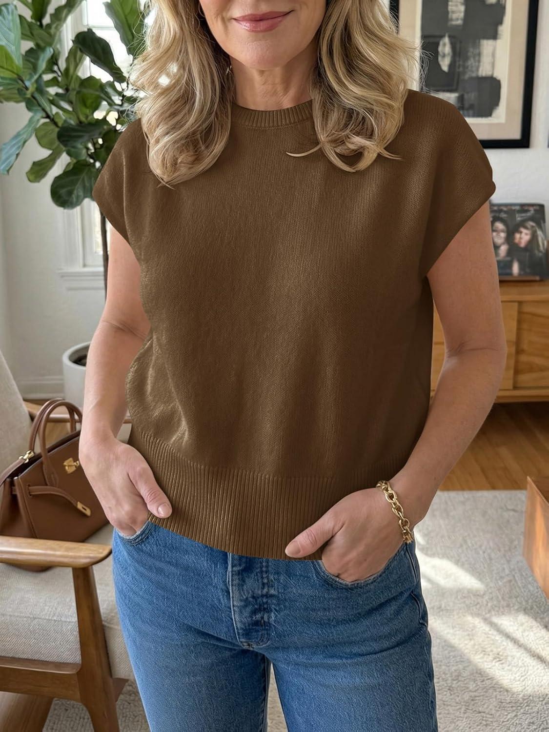 image:imageSaodimallsu Womens Short Sleeve Sweaters Casual Summer Crew Neck Loose Basic Cap Sleeve Knit Pullover TopsCoffee
