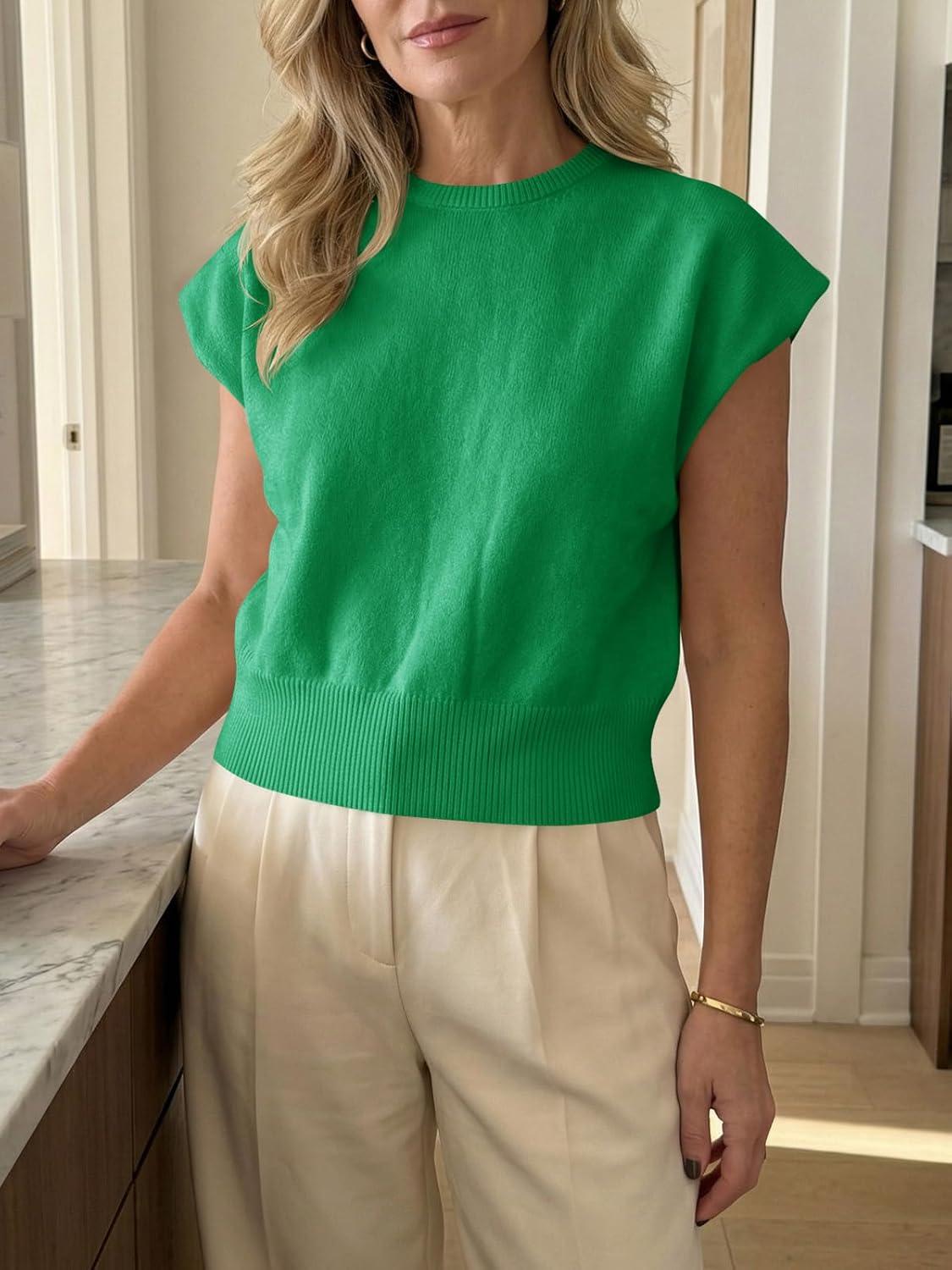 image:imageSaodimallsu Womens Short Sleeve Sweaters Casual Summer Crew Neck Loose Basic Cap Sleeve Knit Pullover TopsGreen