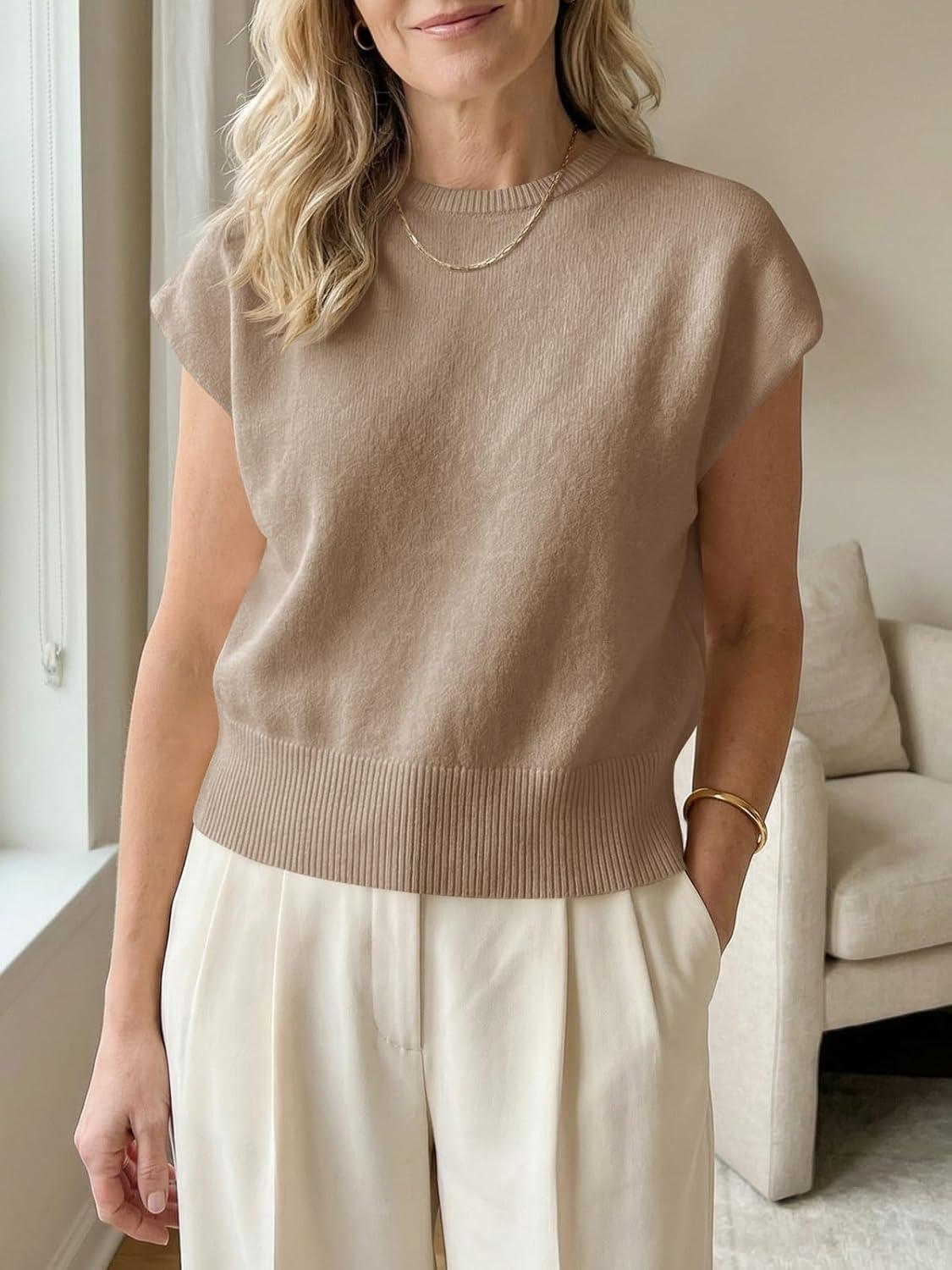 image:imageSaodimallsu Womens Short Sleeve Sweaters Casual Summer Crew Neck Loose Basic Cap Sleeve Knit Pullover TopsKhaki