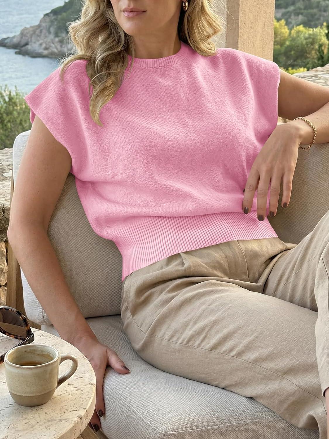 image:imageSaodimallsu Womens Short Sleeve Sweaters Casual Summer Crew Neck Loose Basic Cap Sleeve Knit Pullover TopsPink