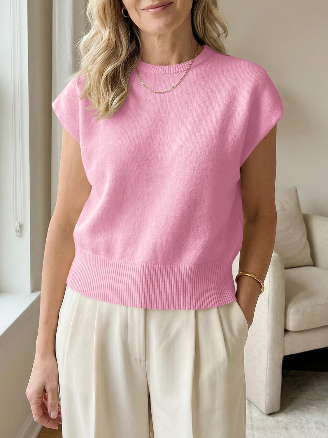 image:imageSaodimallsu Womens Short Sleeve Sweaters Casual Summer Crew Neck Loose Basic Cap Sleeve Knit Pullover TopsPink