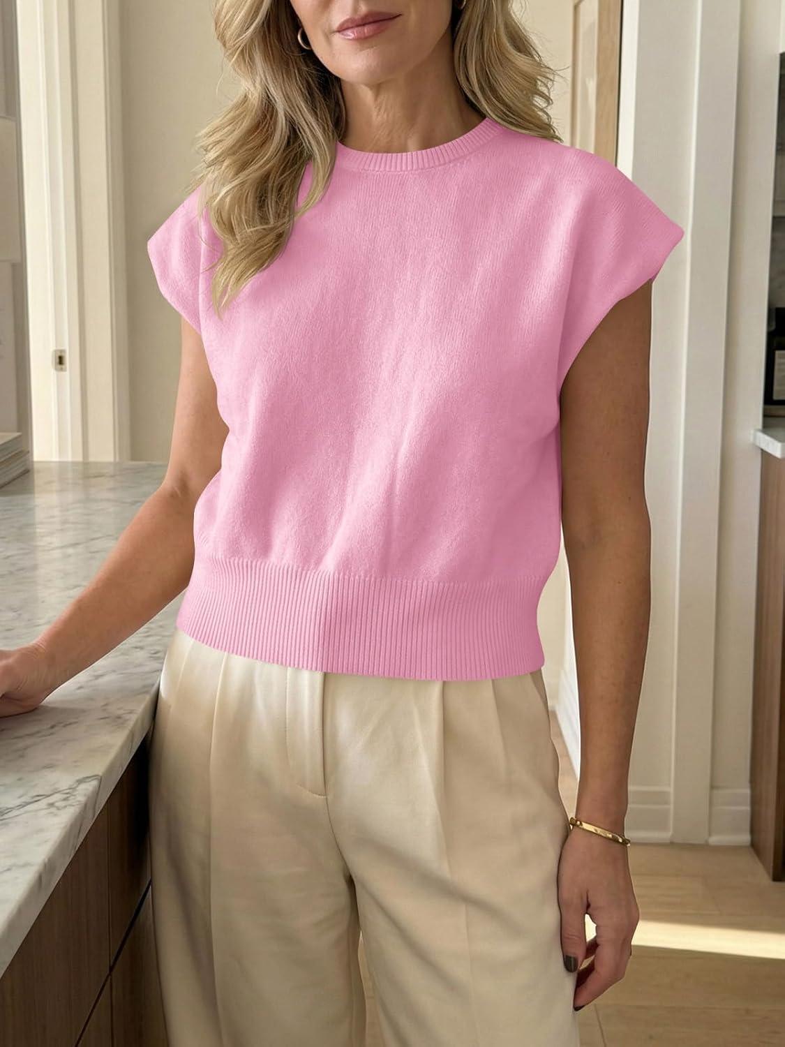 image:imageSaodimallsu Womens Short Sleeve Sweaters Casual Summer Crew Neck Loose Basic Cap Sleeve Knit Pullover TopsPink