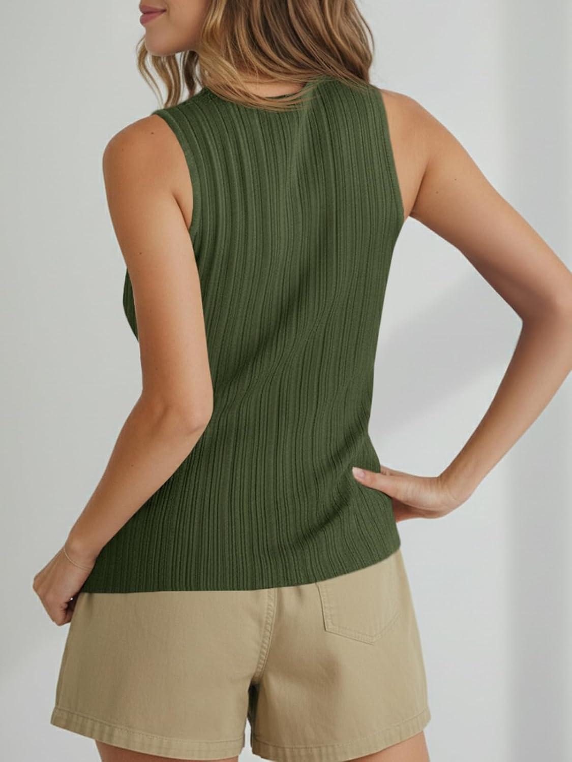 image:imageSaodimallsu Womens Sleeveless Sweater Vest Button Down Ribbed Knit Tank Top Scoop Neck Summer Trendy Vest TopsArmy Green