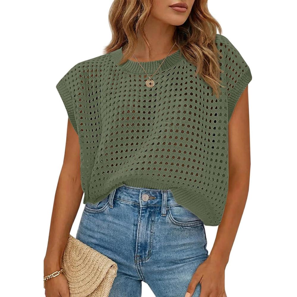 image:imageSaodimallsu Womens Crochet Sweaters Summer Cap Sleeve Knit Tops Lightweight Crewneck Beach Vacation ClothesArmy Green