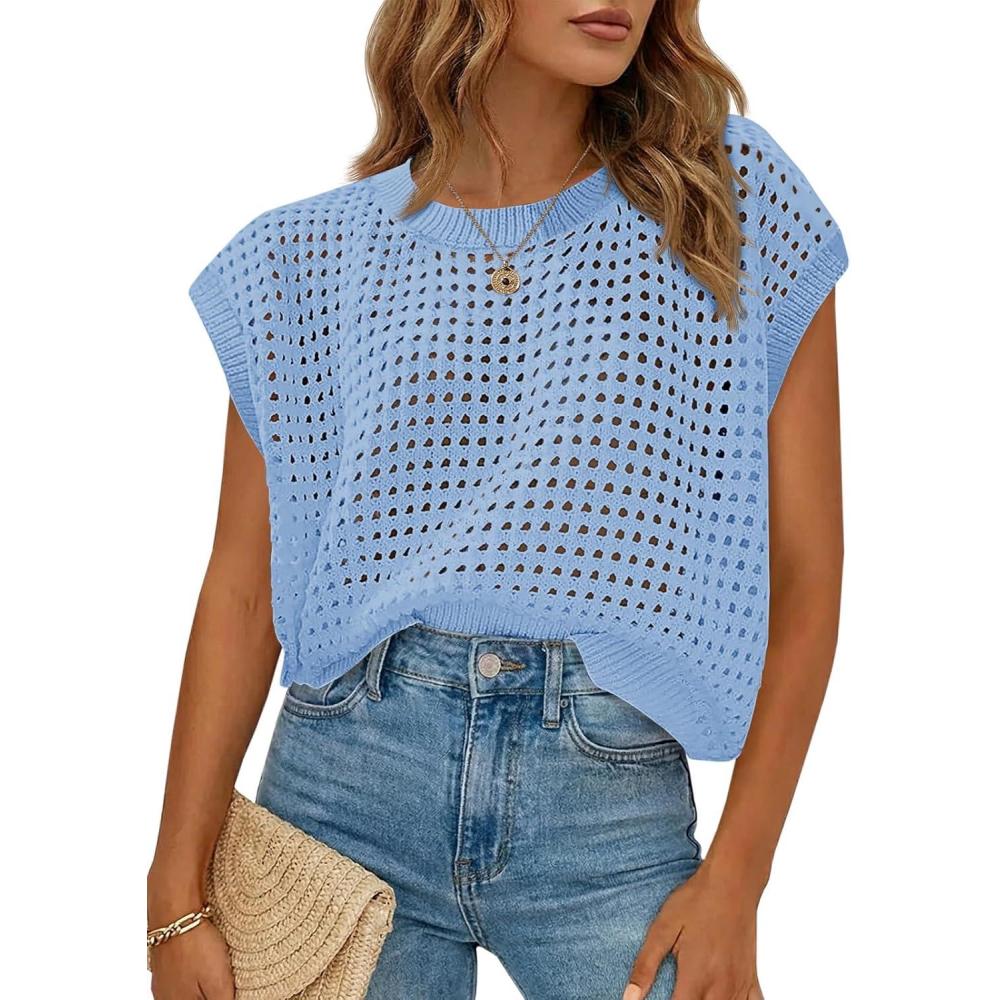 image:imageSaodimallsu Womens Crochet Sweaters Summer Cap Sleeve Knit Tops Lightweight Crewneck Beach Vacation ClothesBlue