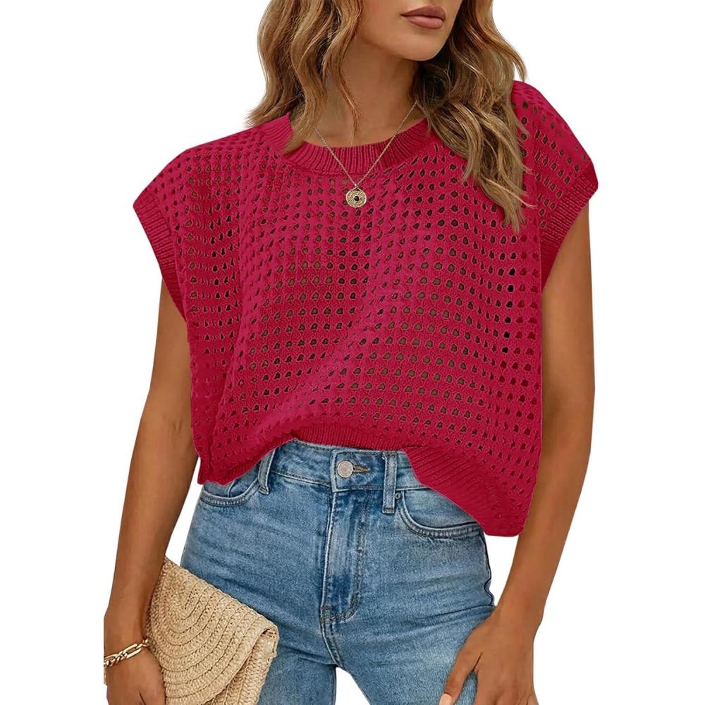 image:imageSaodimallsu Womens Crochet Sweaters Summer Cap Sleeve Knit Tops Lightweight Crewneck Beach Vacation ClothesRed